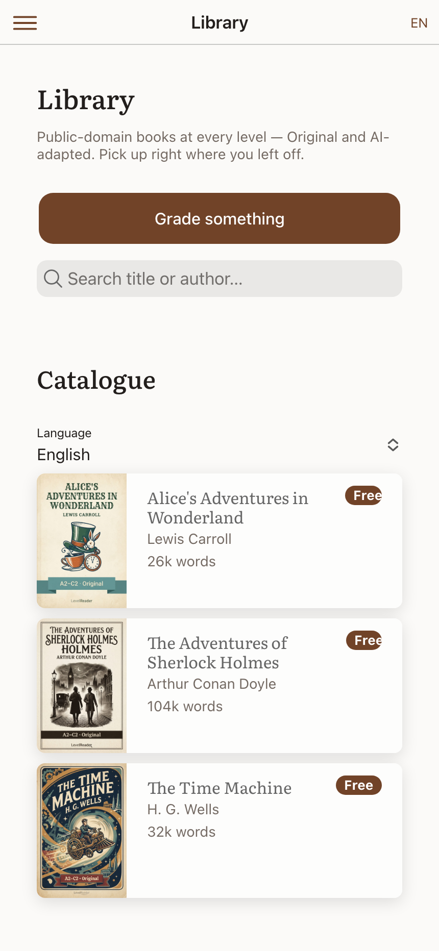 LevelReader's library on a phone: a single column of wide book cards with a cover thumbnail, title and author